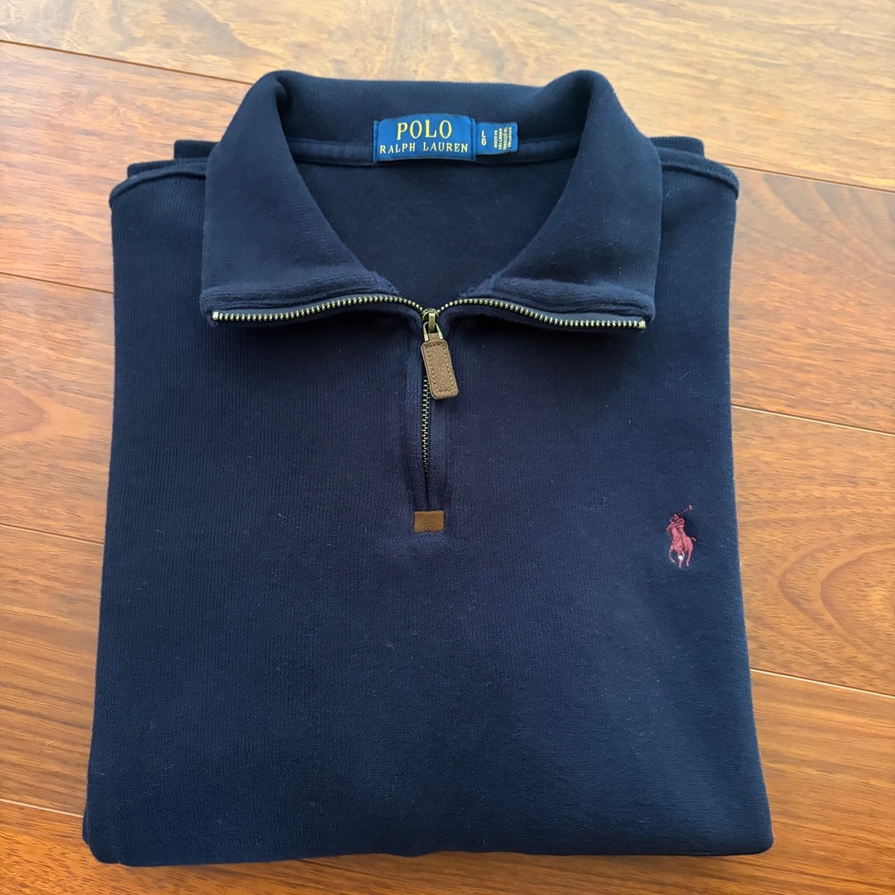 Polo Ralph Lauren Mens Large Navy Blue Quarter Zip Pullover Cotton Knit Sweater